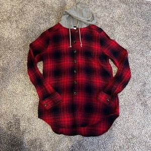 Red & Black Plaid Long Flannel With Hood